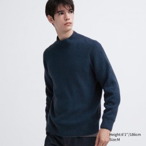 Men Uniqlo 3d Knit Souffle Yarn Mock Neck Sweaters Blue | 3886652