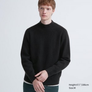 Men Uniqlo 3d Knit Souffle Yarn Mock Neck Sweaters Black | 5694718