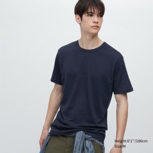 Men Uniqlo Airism Cotton Crew Neck T Shirts Navy | 3933643