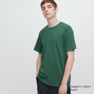 Men Uniqlo Airism Cotton Crew Neck T Shirts Green | 9465665