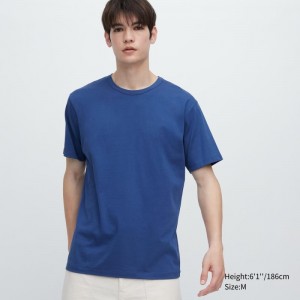Men Uniqlo Airism Cotton Crew Neck T Shirts Blue | 2580250