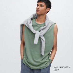 Men Uniqlo Airism Cotton Sleeveless T Shirts Green | 9562308