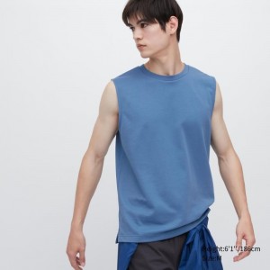 Men Uniqlo Airism Cotton Sleeveless Tank Top Blue | 5807666