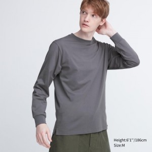 Men Uniqlo Airism Cotton Uv Protection Crew Neck Long-sleeve T Shirts Grey | 4117942