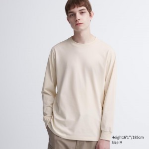 Men Uniqlo Airism Cotton Uv Protection Crew Neck Long-sleeve T Shirts Beige | 1170637