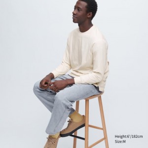 Men Uniqlo Airism Cotton Uv Protection Crew Neck T Shirts Beige | 2834381