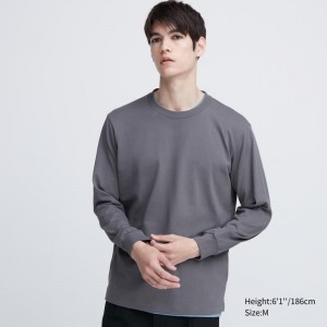 Men Uniqlo Airism Cotton Uv Protection Crew Neck T Shirts Grey | 3119523
