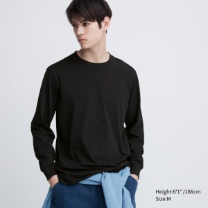 Men Uniqlo Airism Cotton Uv Protection Crew Neck Long-sleeve T Shirts Black | 5066243