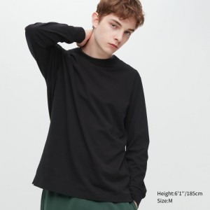 Men Uniqlo Airism Cotton Uv Protection Crew Neck T Shirts Black | 237018