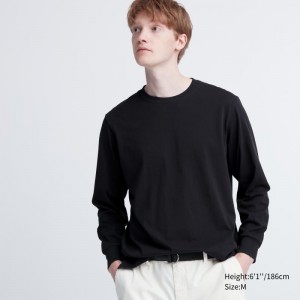 Men Uniqlo Airism Cotton Uv Protection Crew Neck T Shirts Black | 3569944