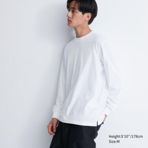 Men Uniqlo Airism Cotton Uv Protection Crew Neck T Shirts White | 856374