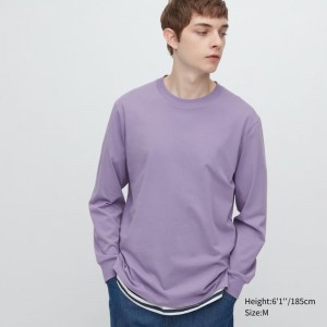 Men Uniqlo Airism Cotton Uv Protection Crew Neck T Shirts Purple | 2102420
