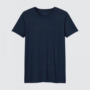 Men Uniqlo Airism Crew Neck Short-sleeve T Shirts Navy | 1105365