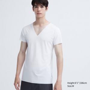 Men Uniqlo Airism Mesh Anti-odor V-neck T Shirts White | 9341977