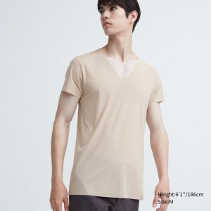 Men Uniqlo Airism Mesh Anti-odor V-neck T Shirts Beige | 1390334