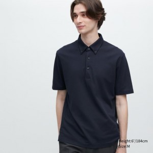 Men Uniqlo Airism Pique Short-sleeve Polo Shirts Navy | 9863355