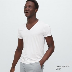 Men Uniqlo Airism V-neck Short-sleeve T Shirts White | 6713635