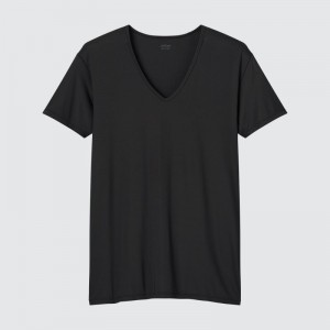 Men Uniqlo Airism V-neck Short-sleeve T Shirts Black | 5529612