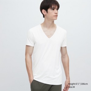 Men Uniqlo Airism V-neck Short-sleeve T Shirts White | 1177025