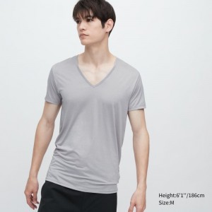 Men Uniqlo Airism V-neck Short-sleeve T Shirts Grey | 3699984