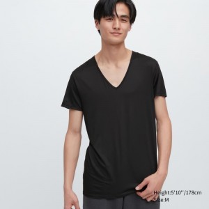 Men Uniqlo Airism V-neck Short-sleeve T Shirts Black | 5788134