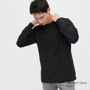 Men Uniqlo Brushed Cotton Crew Neck Long-sleeve T Shirts Black | 9840202