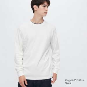Men Uniqlo Brushed Cotton Crew Neck Long-sleeve T Shirts White | 670069