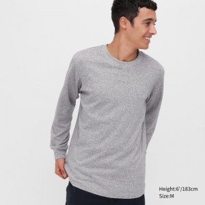 Men Uniqlo Brushed Cotton Crew Neck Long-sleeve T Shirts Grey | 1602441