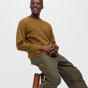Men Uniqlo Brushed Cotton Crew Neck Long-sleeve T Shirts Brown | 7341241