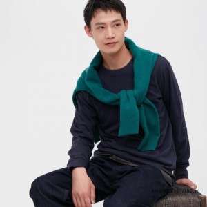 Men Uniqlo Brushed Cotton Crew Neck Long-sleeve T Shirts Navy | 568480