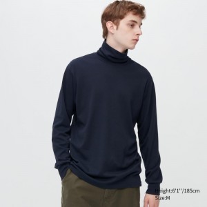 Men Uniqlo Brushed Cotton Turtleneck Long-sleeve T Shirts Navy | 9298186