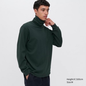 Men Uniqlo Brushed Cotton Turtleneck Long-sleeve T Shirts Green | 9065694