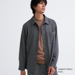 Men Uniqlo Brushed Twill Overshirt Shirts Grey | 8633412