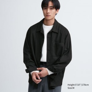 Men Uniqlo Brushed Twill Overshirt Shirts Black | 9071661