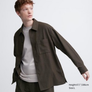 Men Uniqlo Brushed Twill Overshirt Shirts Brown | 7292515