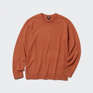 Men Uniqlo Cashmere Crew Neck Long-sleeve Sweaters Orange | 3496217