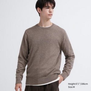 Men Uniqlo Cashmere Crew Neck Long-sleeve Sweaters Brown | 7244952
