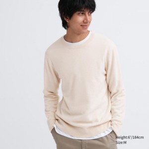 Men Uniqlo Cashmere Crew Neck Long-sleeve Sweaters Beige | 9759925