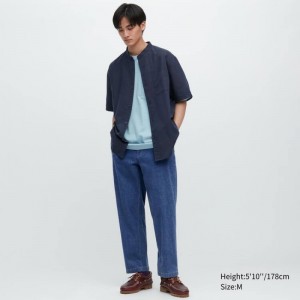 Men Uniqlo Cotton Denim Relaxed Fit Ankle Length Pants Blue | 4270396