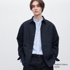 Men Uniqlo Cotton Linen Over Shirt Jackets Navy | 1981160