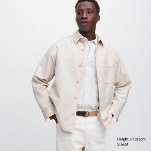 Men Uniqlo Cotton Linen Over Shirt Jackets Beige | 3918569