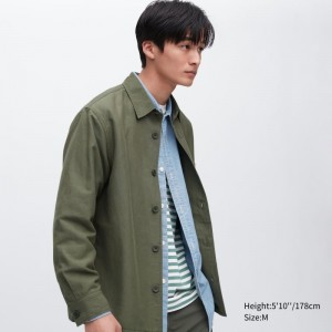 Men Uniqlo Cotton Linen Over Shirt Jackets Olive | 3937712