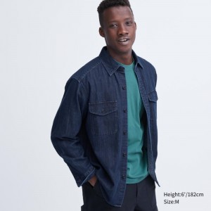 Men Uniqlo Denim Utility Long-sleeve Overshirt Shirts Blue | 858987