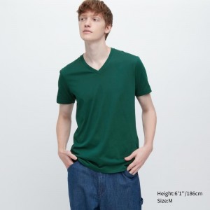 Men Uniqlo Dry Color V-Neck Short-Sleeve T Shirts Green | 510389