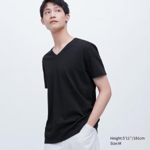 Men Uniqlo Dry Color V-Neck Short-Sleeve T Shirts Black | 7627450