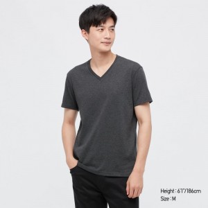 Men Uniqlo Dry Color V-Neck Short-Sleeve T Shirts Grey | 3637958