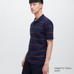 Men Uniqlo Dry Pique Striped Short-sleeve Polo Shirts Navy | 1914234