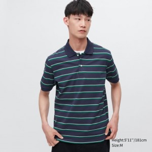 Men Uniqlo Dry Pique Striped Short-sleeve Polo Shirts Navy | 3603199