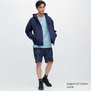Men Uniqlo Dry Stretch Leaf Print Easy Shorts Navy | 9835471