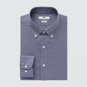 Men Uniqlo Easy Care Checked Stretch Slim-fit Long-sleeve Shirts Navy | 9558826